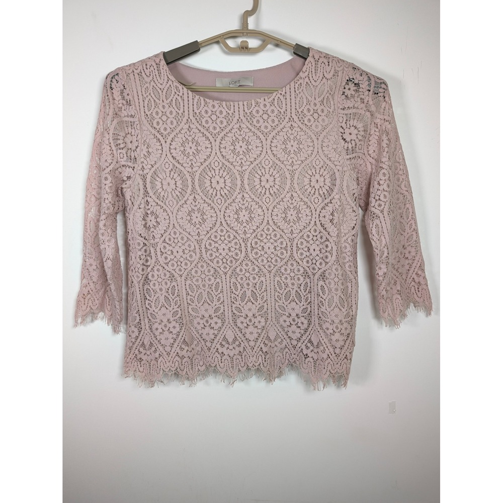 Loft Womens M Floral Lace Overlay 3/4 Sleeve Blouse Pink 411839